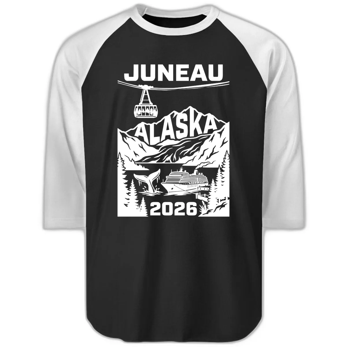 Alaska Cruise Adventure Raglan 3/4 in Black White