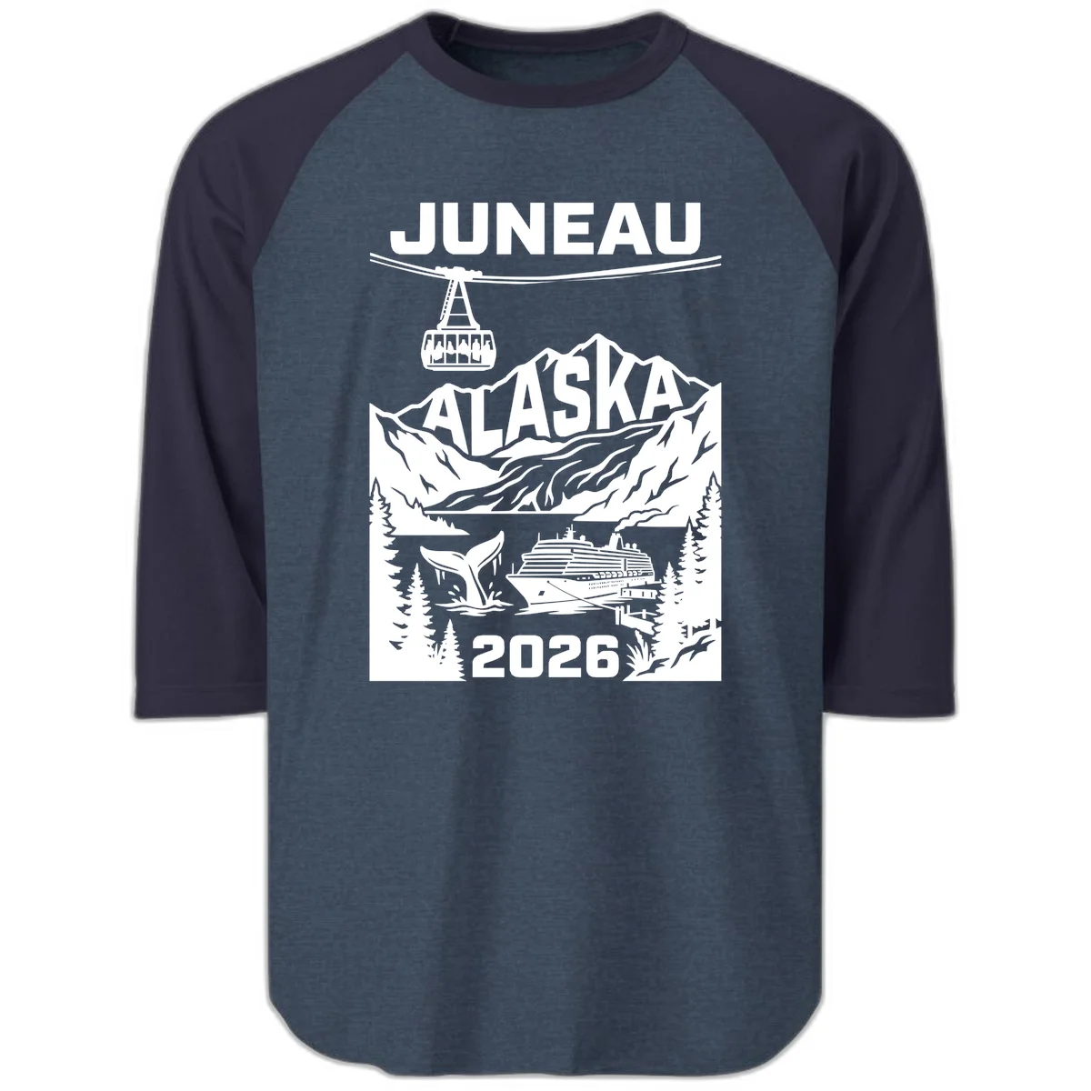 Alaska Cruise Adventure Raglan 3/4 in Heather Denim Navy