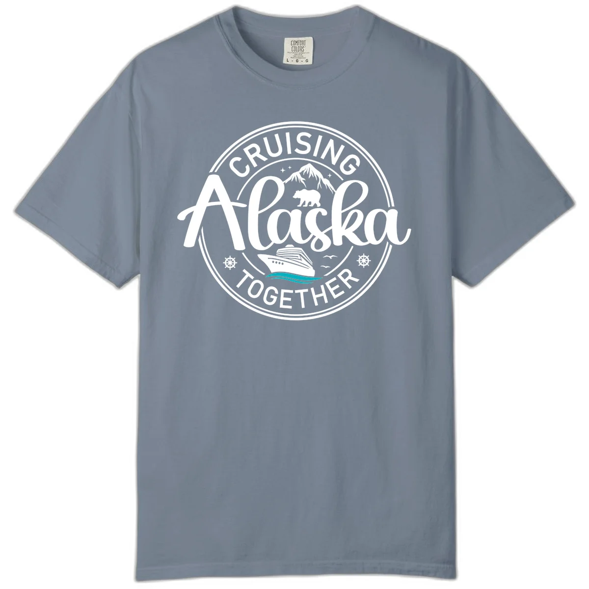 Cruisin' Alaska Together Scenic Badge Comfort Color Tee in Blue Jean