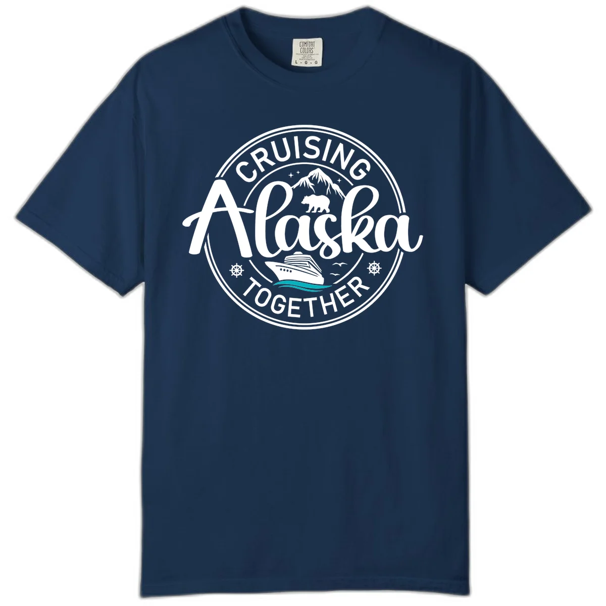 Cruisin' Alaska Together Scenic Badge Comfort Color Tee in Navy