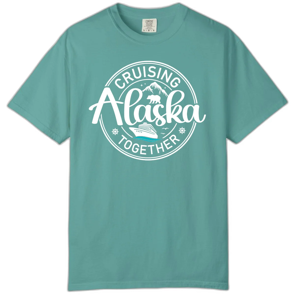 Cruisin' Alaska Together Scenic Badge Comfort Color Tee in Seafoam