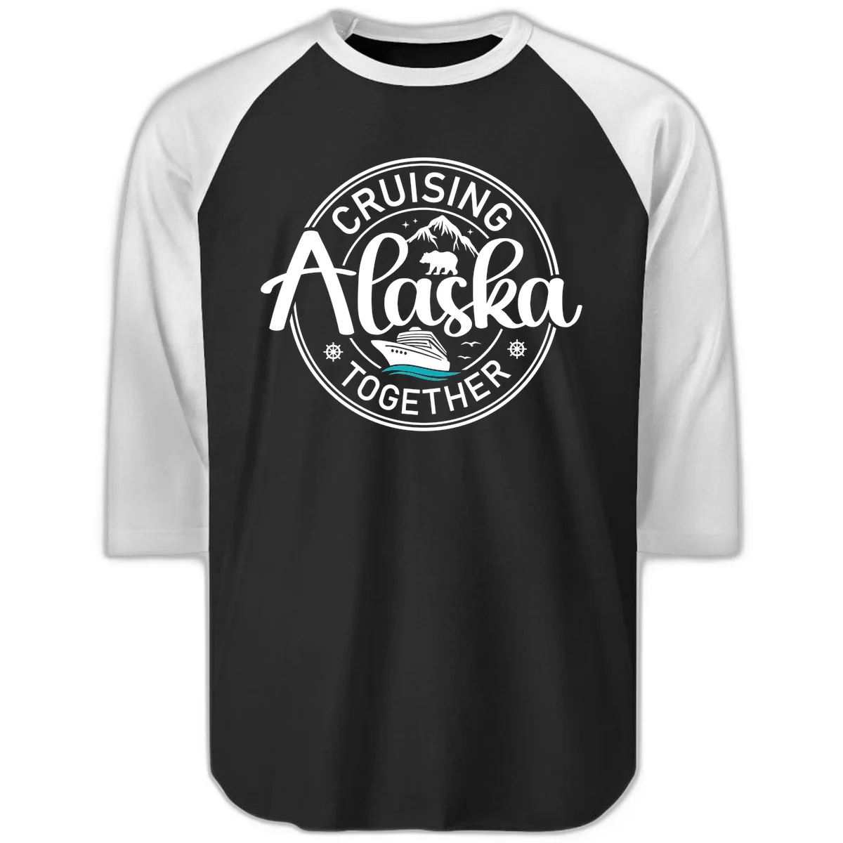 Cruisin' Alaska Together Scenic Badge Raglan 3/4 Sleeve in Black White