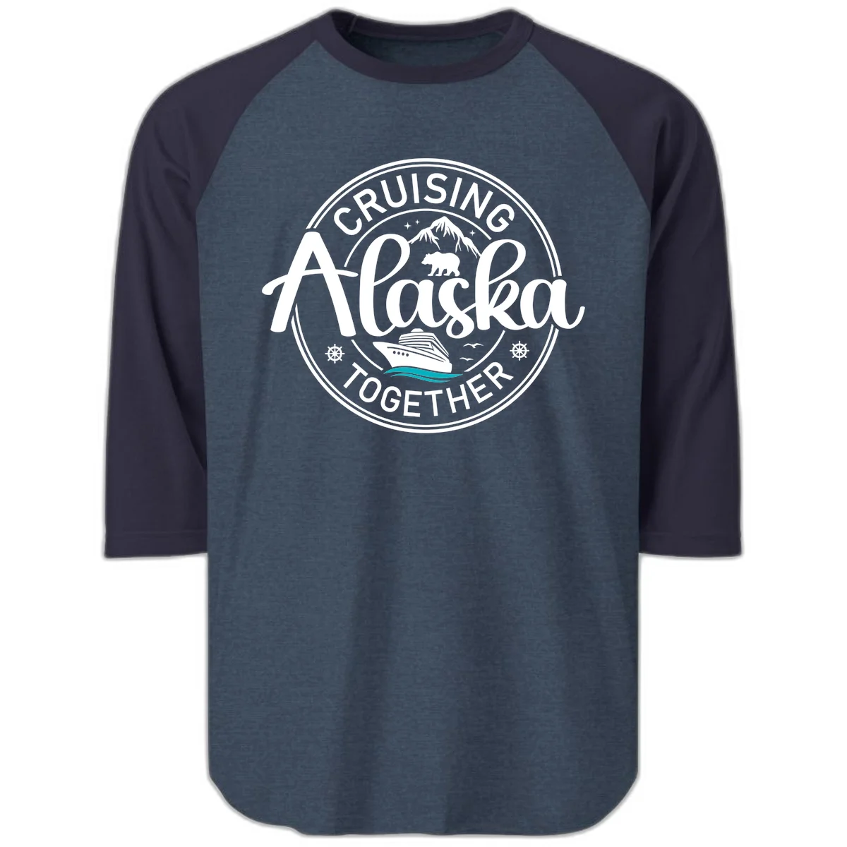 Cruisin' Alaska Together Scenic Badge Raglan 3/4 Sleeve in Heather Denim Navy