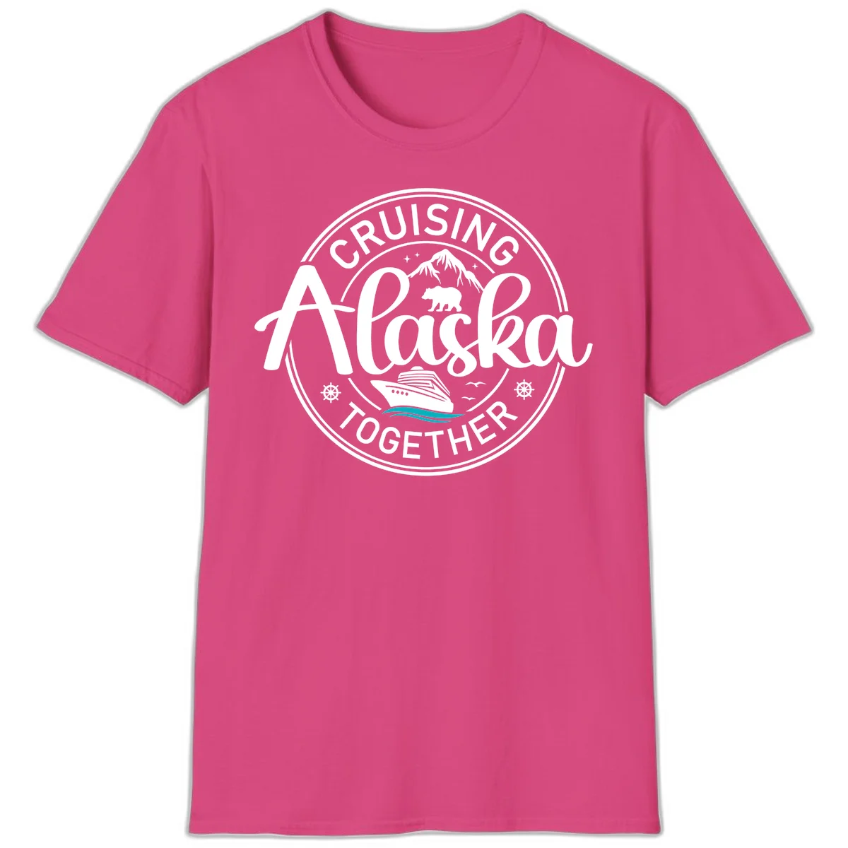 Cruisin' Alaska Together Scenic Badge T-Shirt in Heliconia
