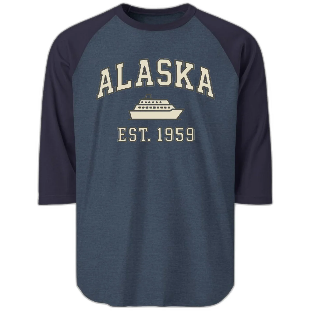 Alaska Cruise Est 1959 Vintage Ship Raglan 3/4 in Heather Denim Navy