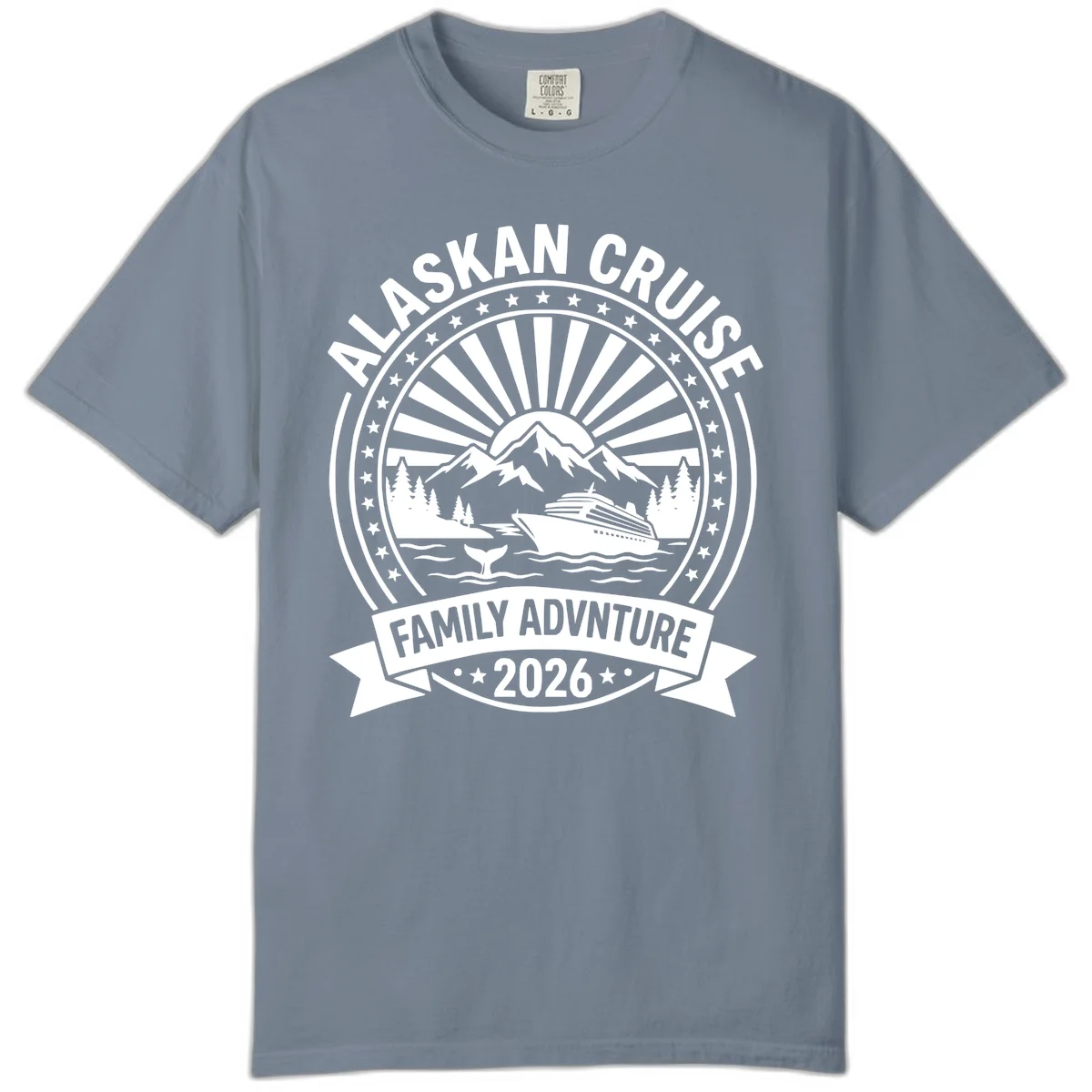 Alaska Cruise Family Adventure Badge Comfort Tee in Blue Jean