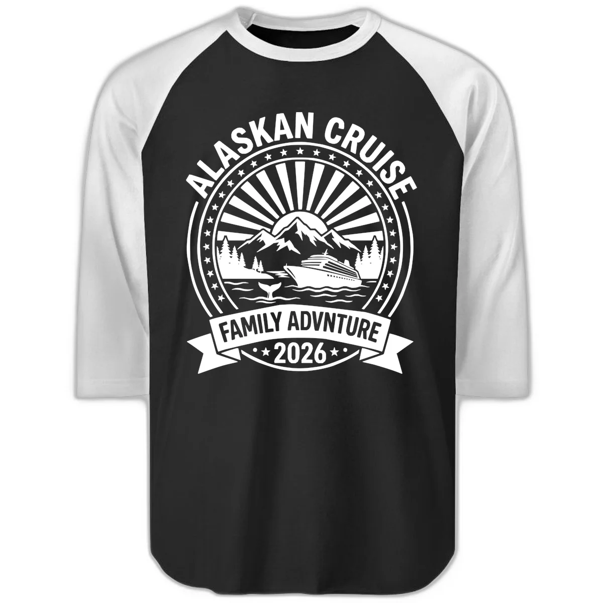 Alaska Cruise Family Adventure Badge Raglan 3/4 in Black White