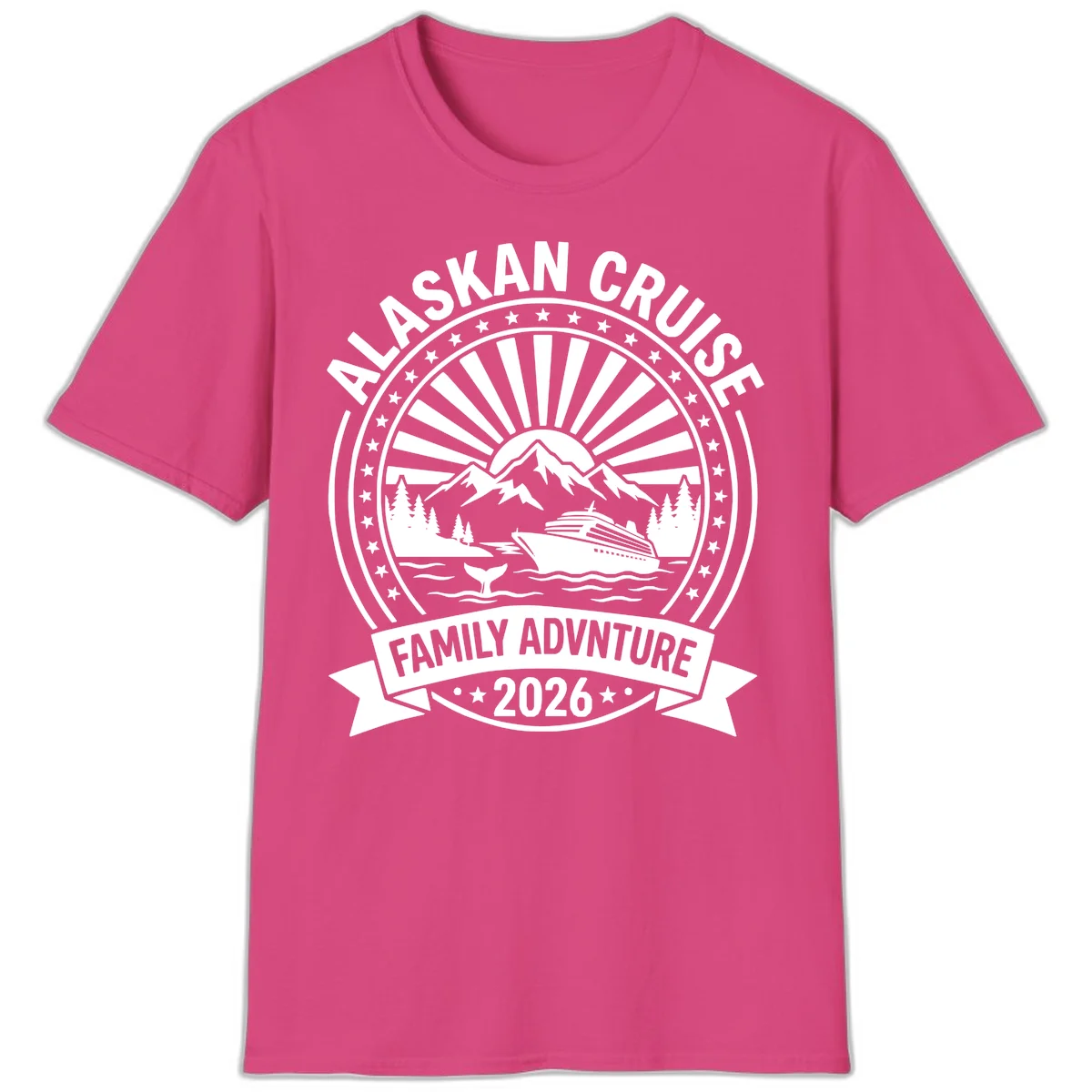 Alaska Cruise Family Adventure Badge T-Shirt in Heliconia
