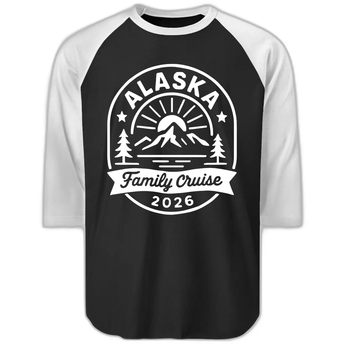 Alaska Family Cruise 2026 Badge Raglan 3/4 in Black White