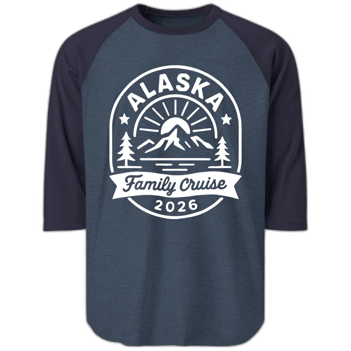 Alaska Family Cruise 2026 Badge Raglan 3/4 in Heather Denim Navy