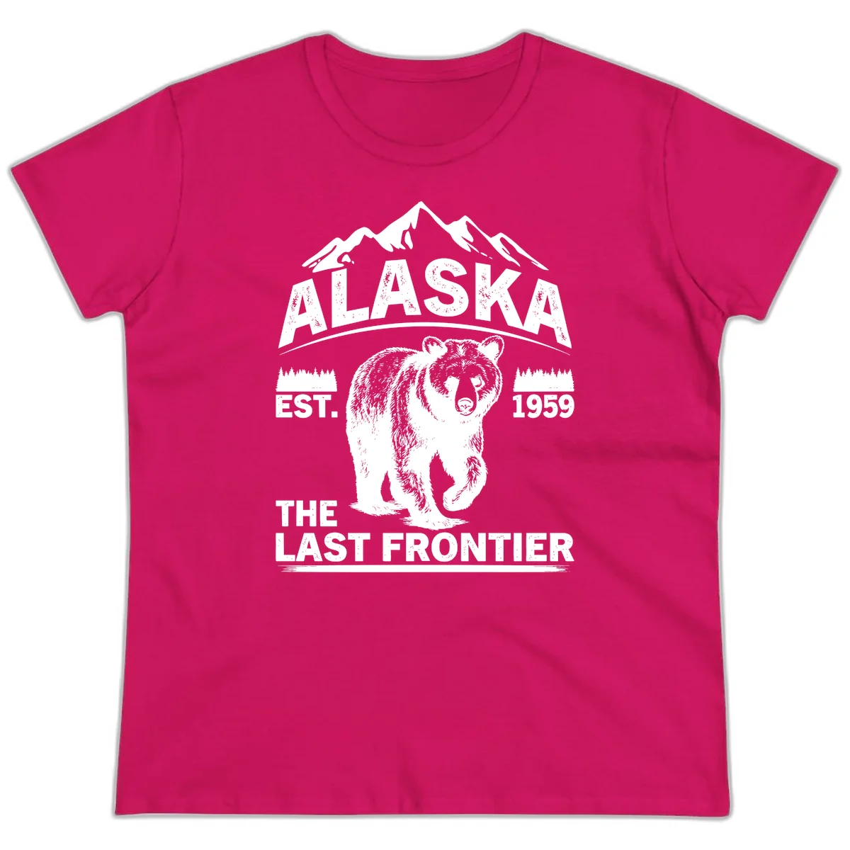 Alaska Last Frontier Grizzly Badge Ladies Tee in Heliconia