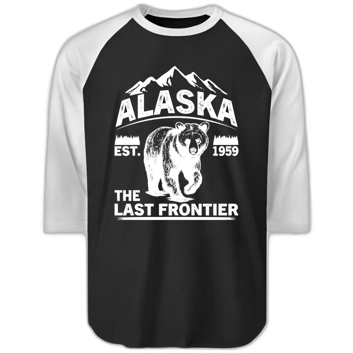 Alaska Last Frontier Grizzly Badge Raglan 3/4 in Black White