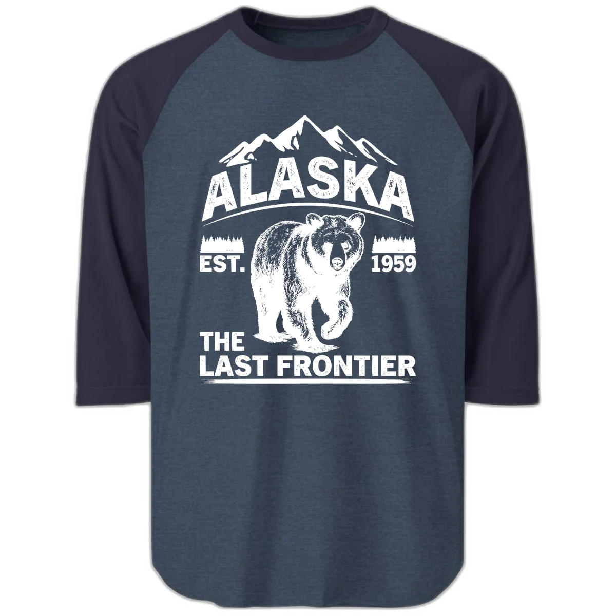 Alaska Last Frontier Grizzly Badge Raglan 3/4 in Heather Denim Navy