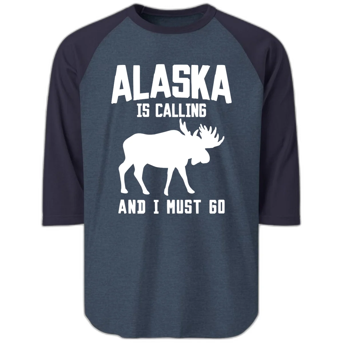 Alaska Is Calling Moose Raglan 3/4 in Heather Denim Navy