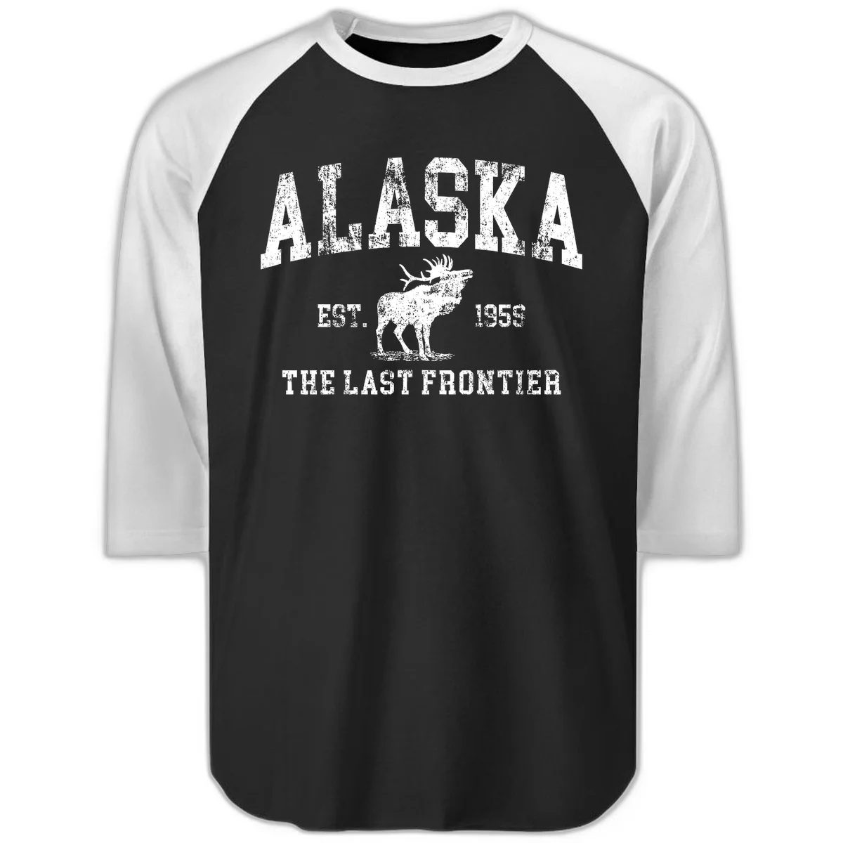 Alaska Last Frontier Moose 1959 Raglan 3/4 in Black White