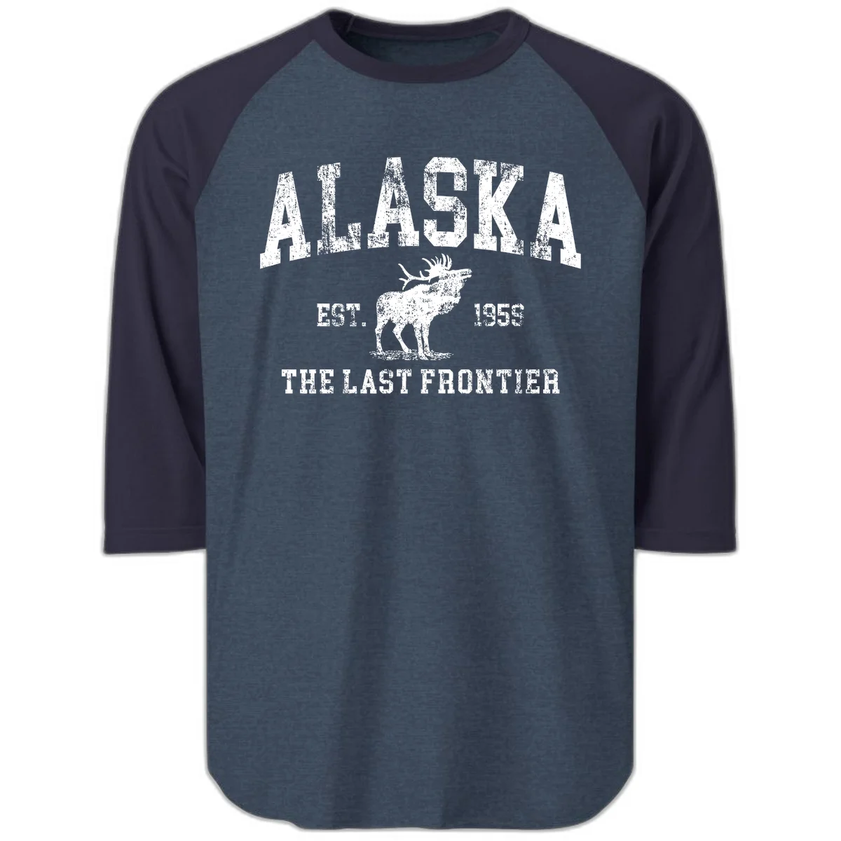 Alaska Last Frontier Moose 1959 Raglan 3/4 in Heather Denim Navy