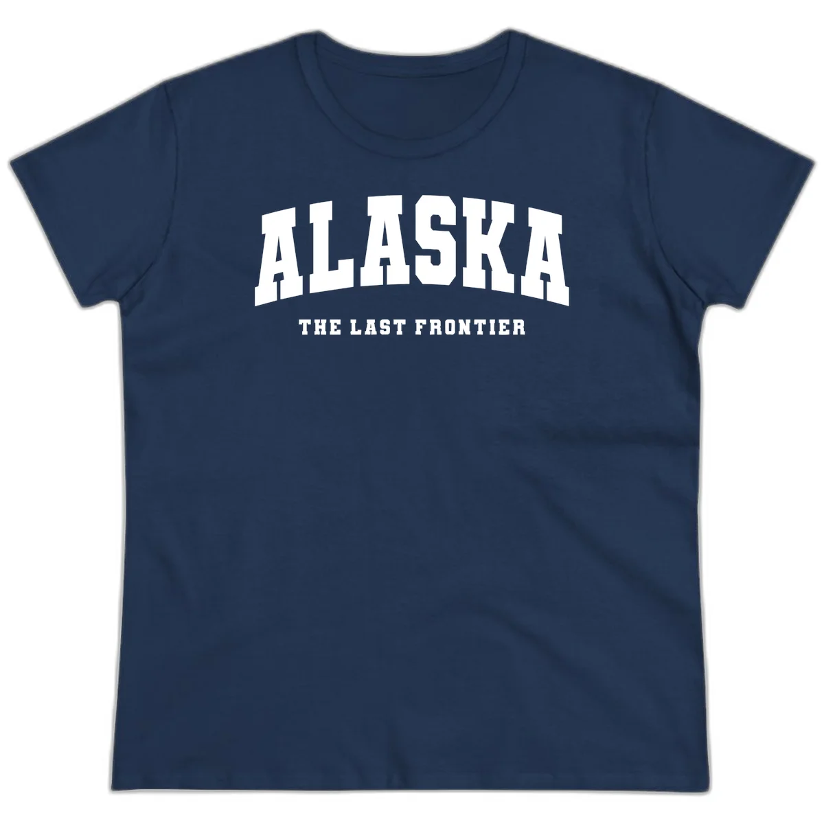 Alaska The Last Frontier Bold Text Ladies Tee in Navy