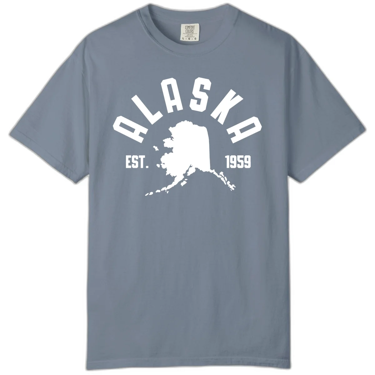 Alaska Established Nineteen Fifty-Nine Map Design Comfort Color T-Shirt in Blue Jean