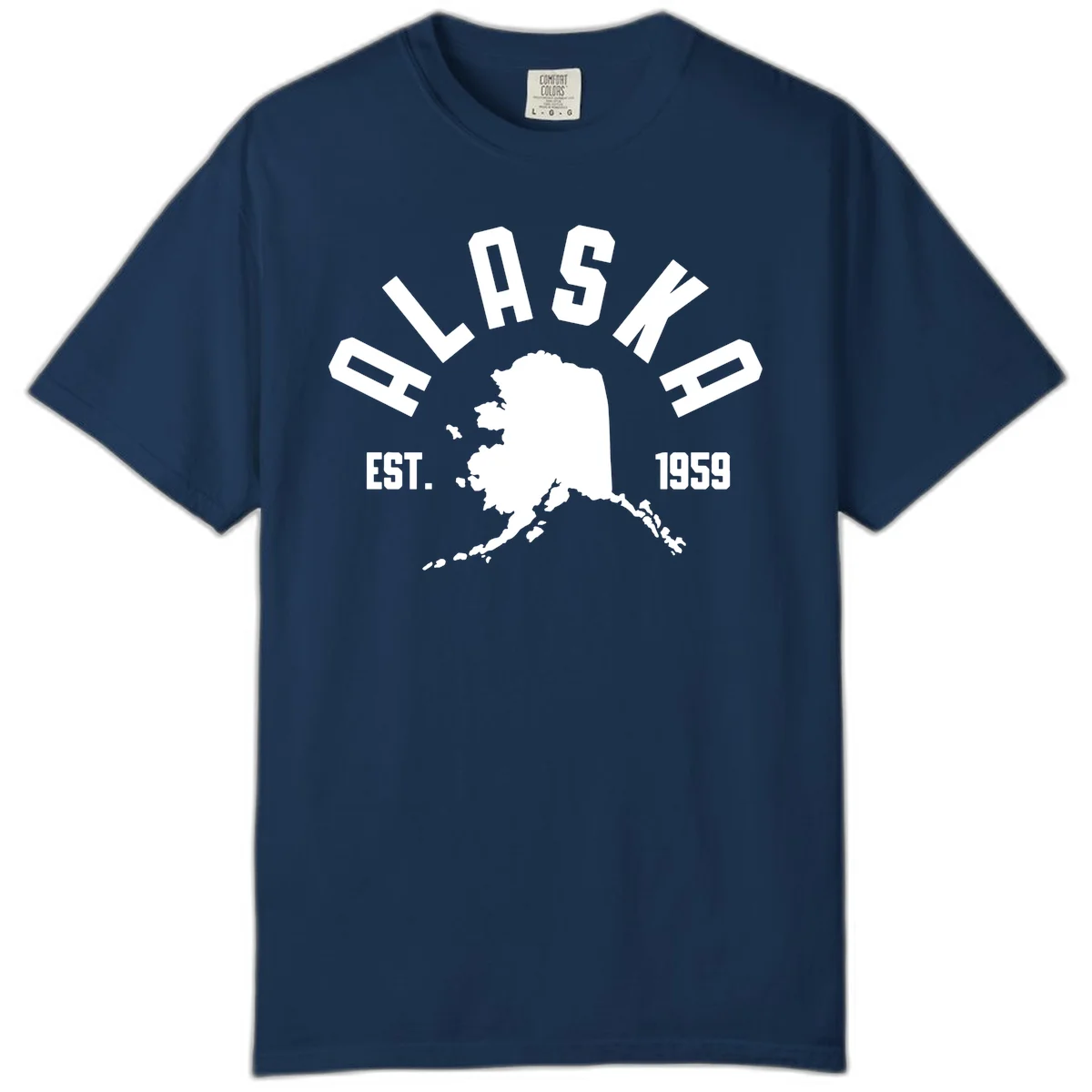 Alaska Established Nineteen Fifty-Nine Map Design Comfort Color T-Shirt in Navy