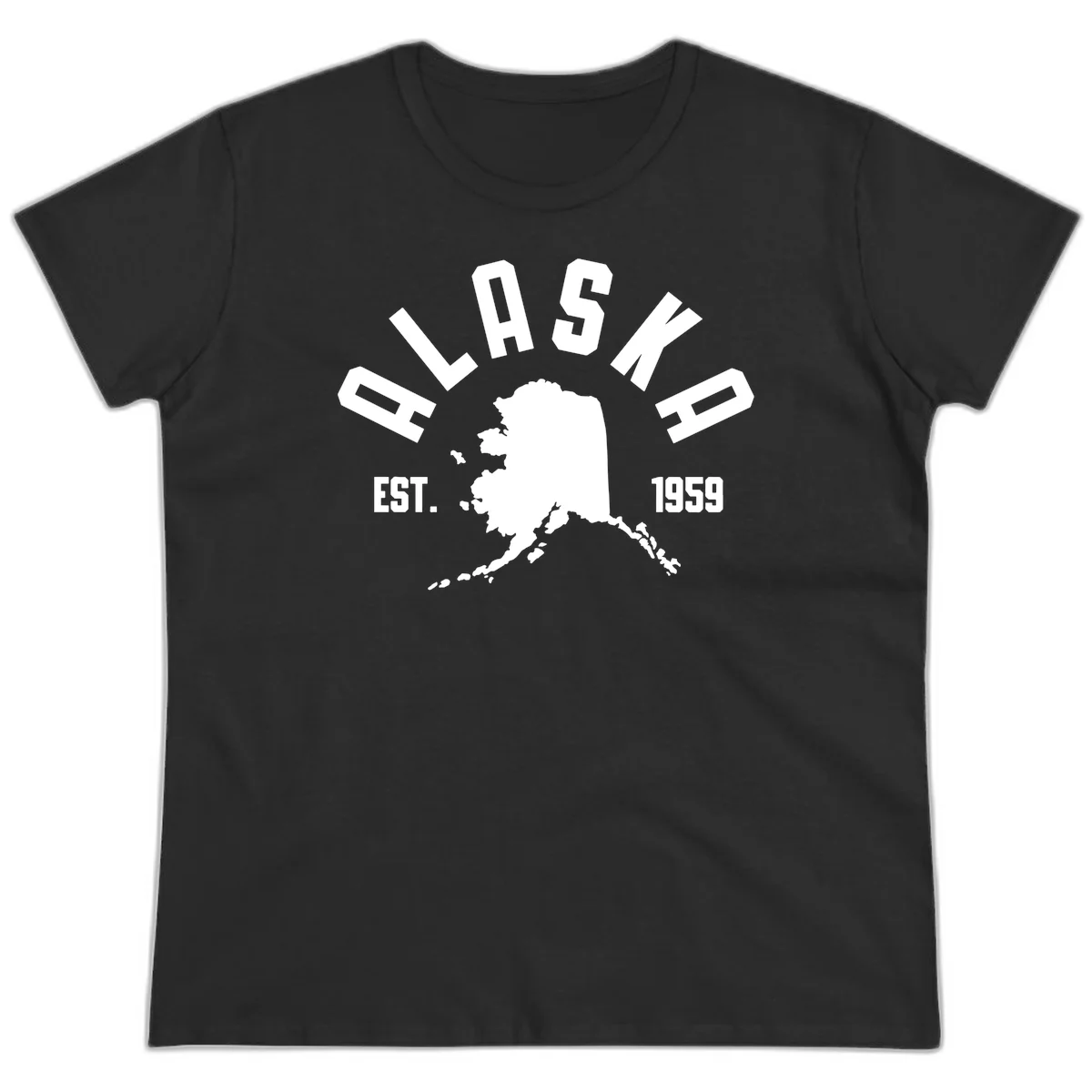 Alaska Established Nineteen Fifty-Nine Map Design Ladies Tee in Black