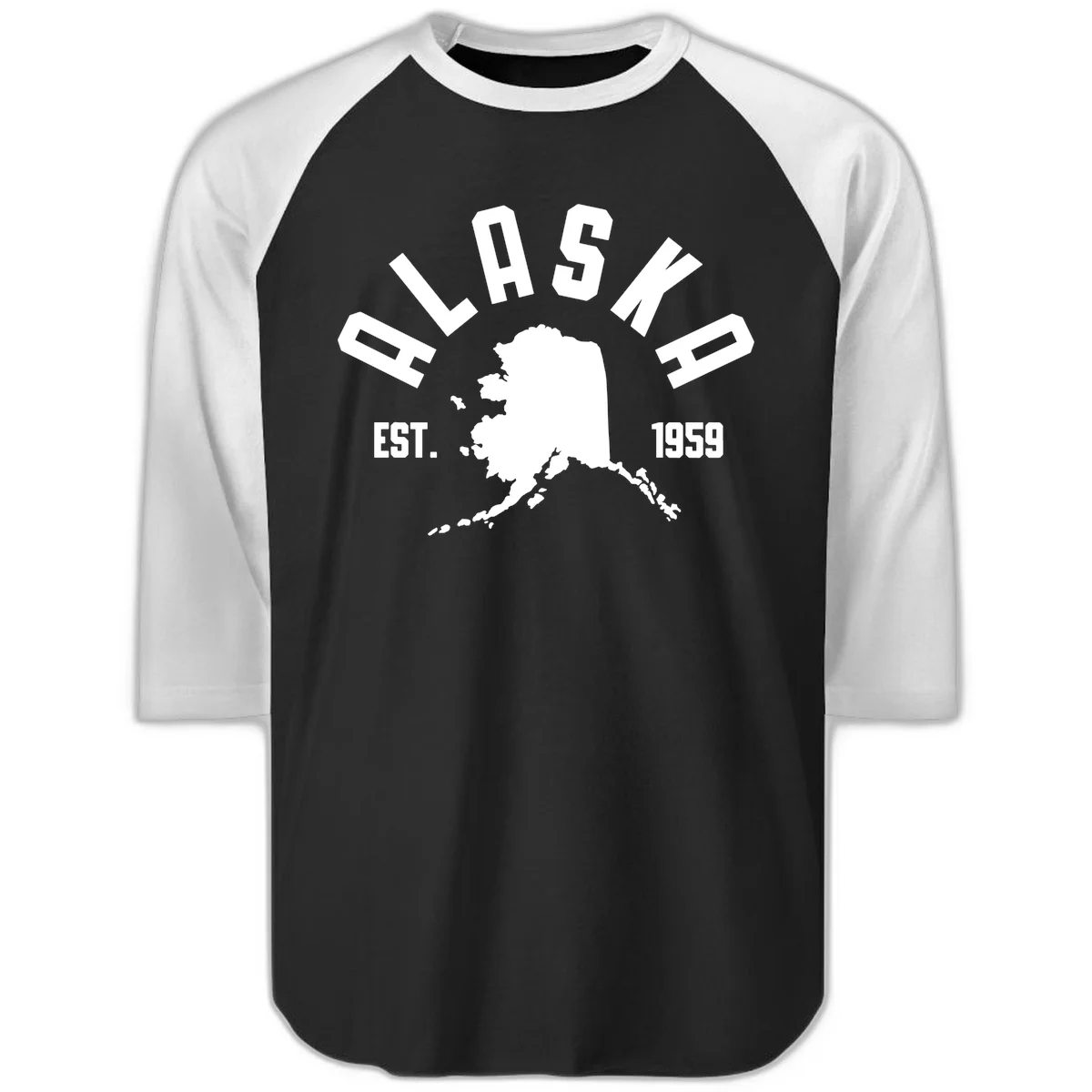Alaska Established Nineteen Fifty-Nine Map Design Raglan 3/4 Sleeve in Black White