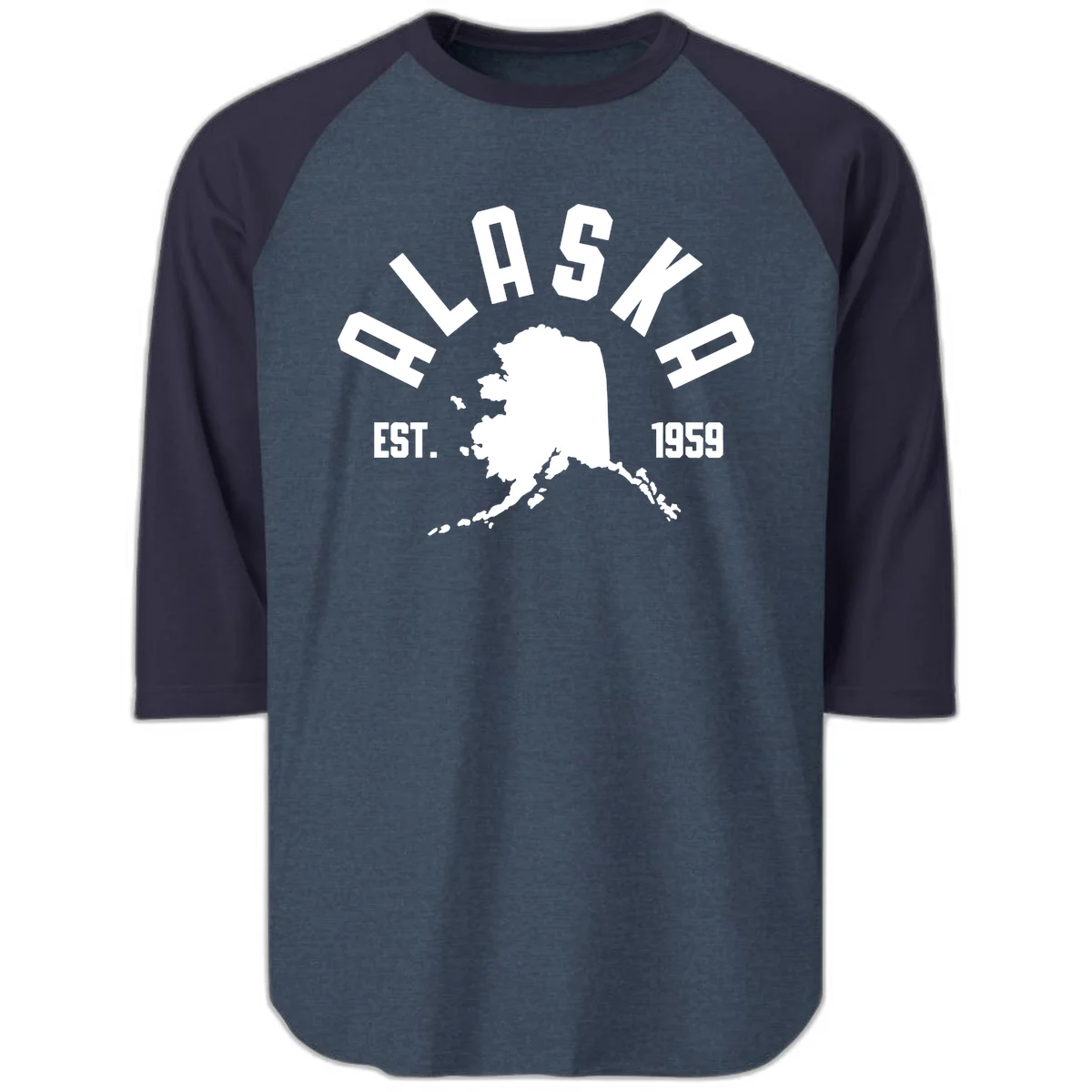 Alaska Established Nineteen Fifty-Nine Map Design Raglan 3/4 Sleeve in Heather Denim Navy