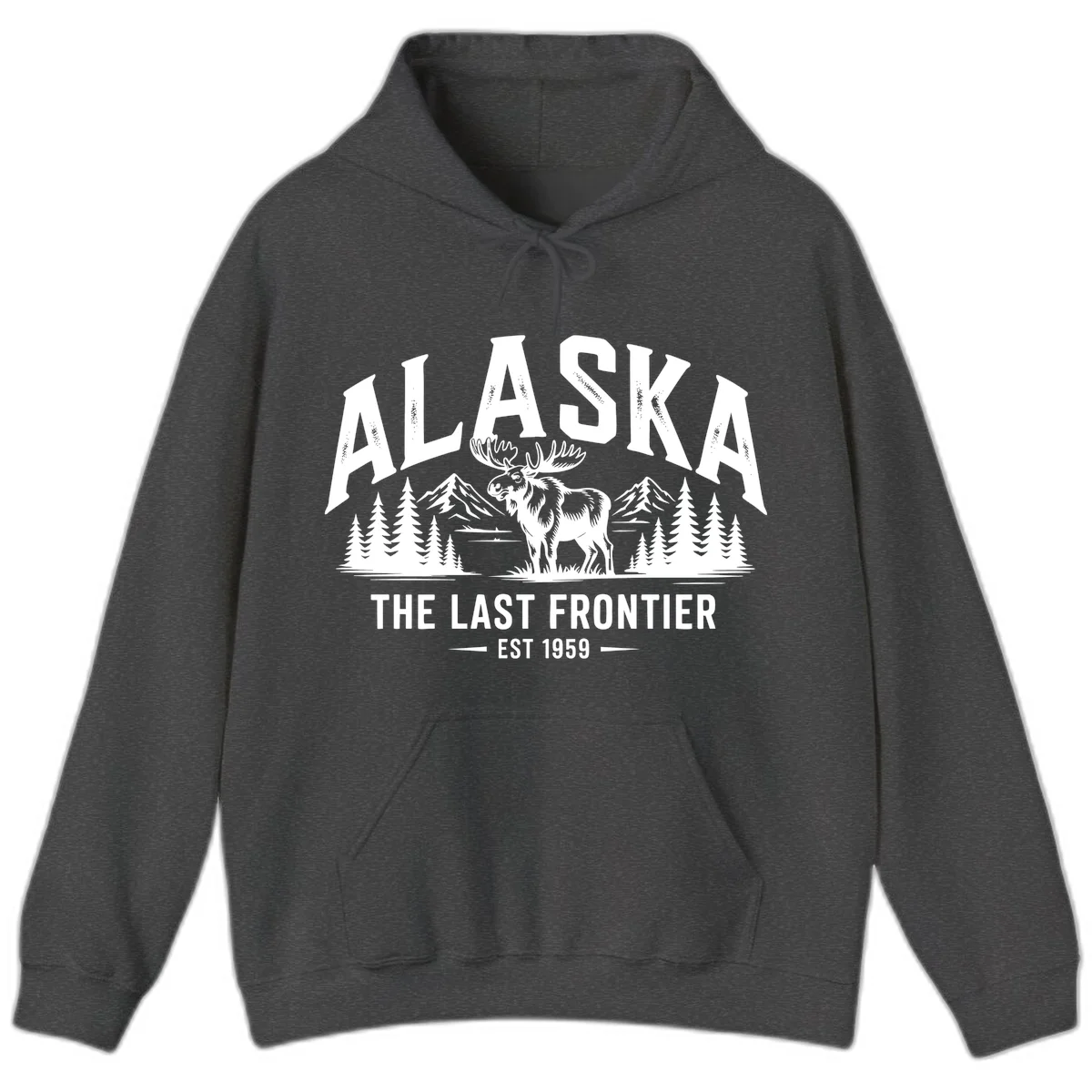 Alaska Last Frontier Moose Scenic Wildlife Hoodie in Dark Heather