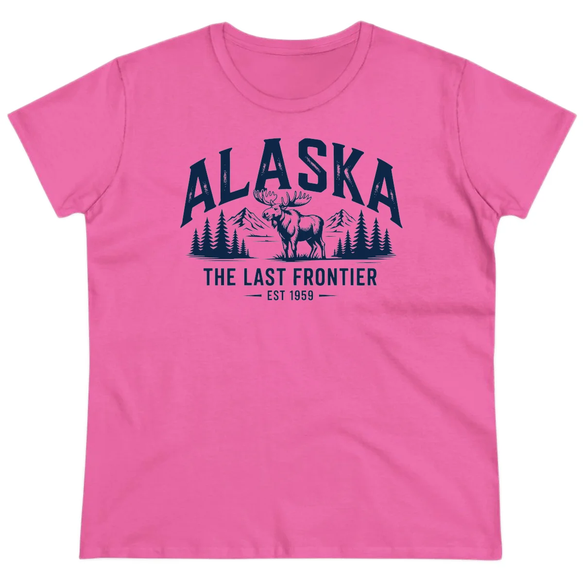 Alaska Last Frontier Moose Scenic Wildlife Ladies Tee in Azalea