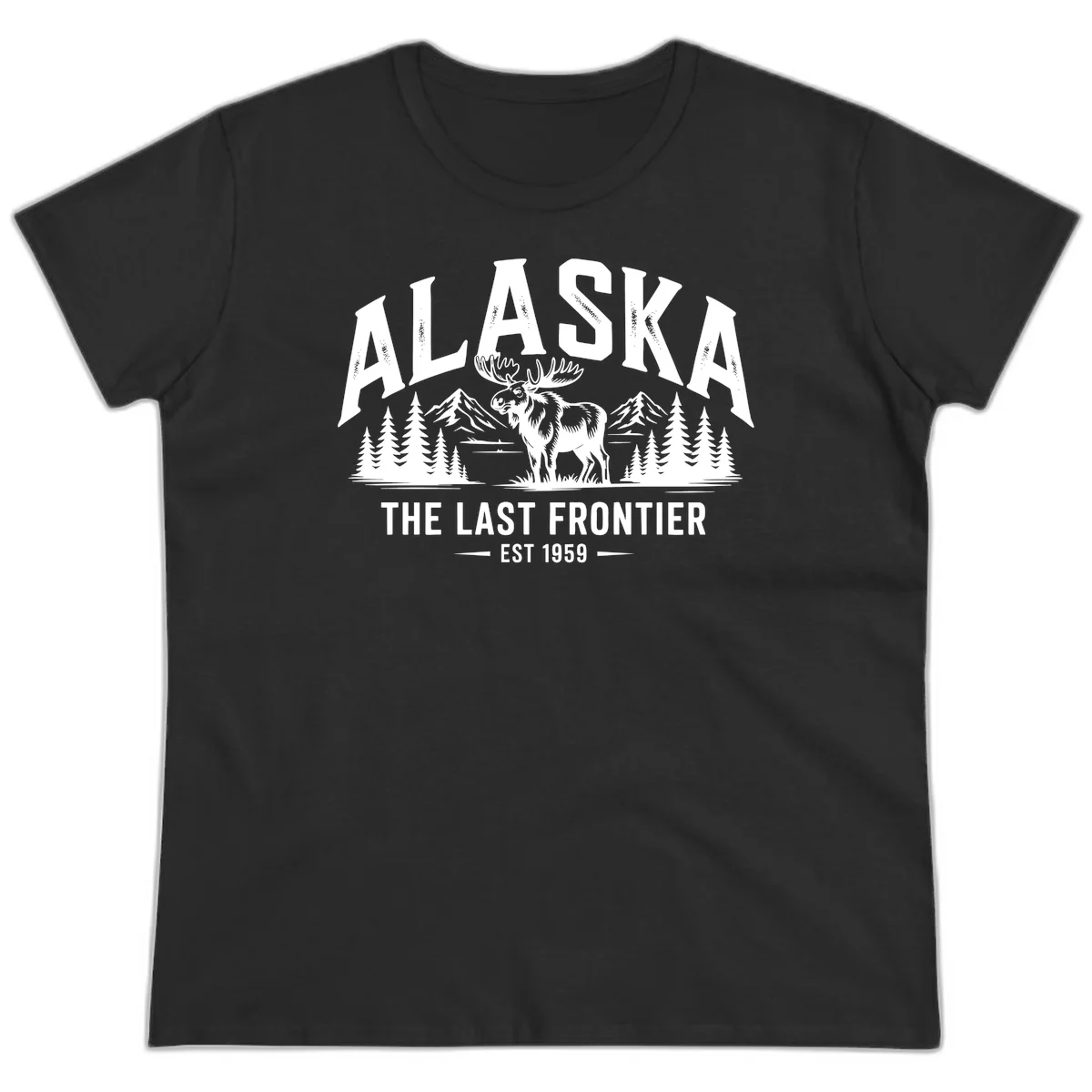 Alaska Last Frontier Moose Scenic Wildlife Ladies Tee in Black