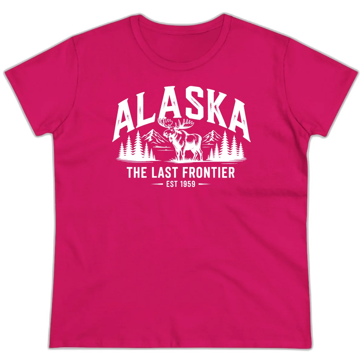 Alaska Last Frontier Moose Scenic Wildlife Ladies Tee in Heliconia