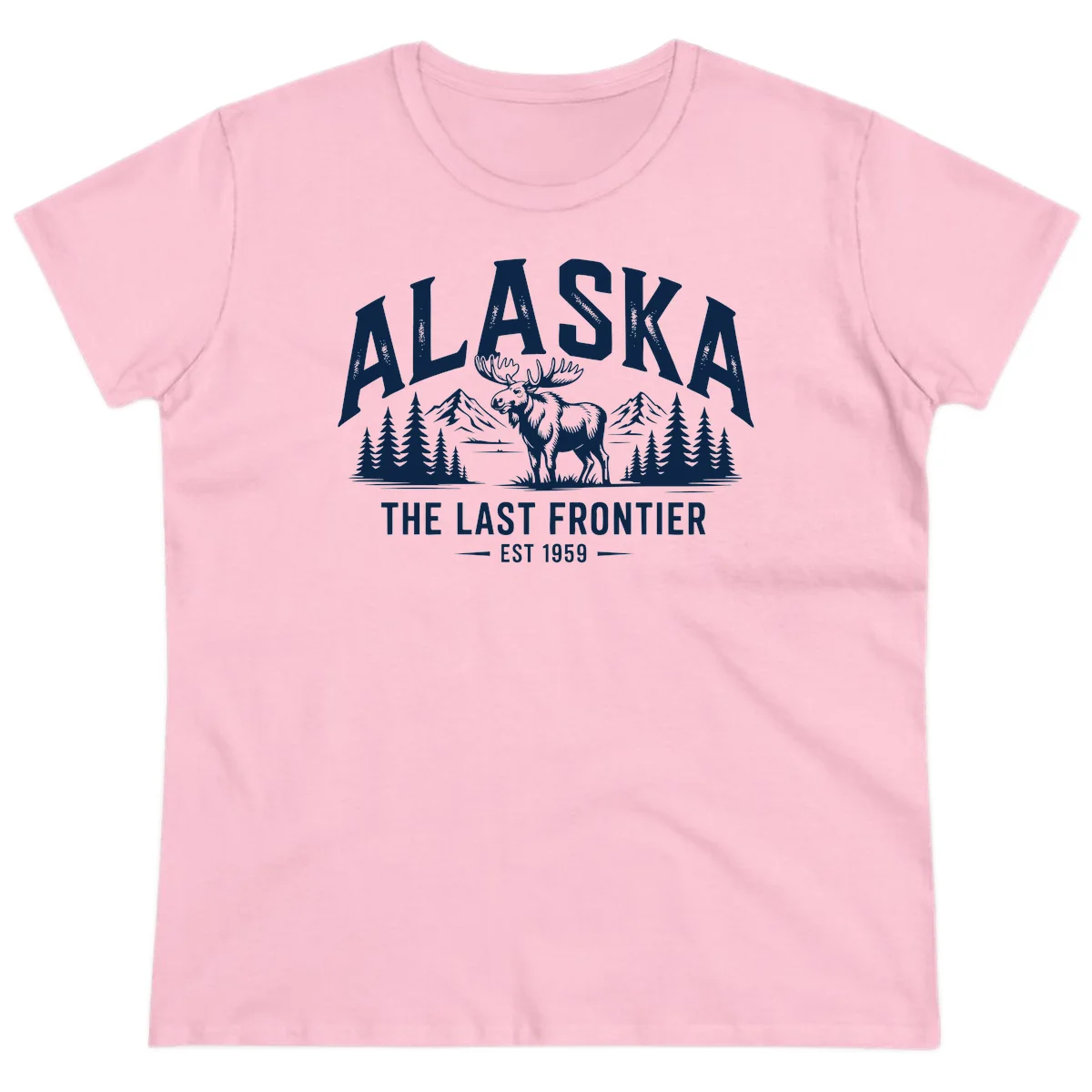 Alaska Last Frontier Moose Scenic Wildlife Ladies Tee in Light Pink