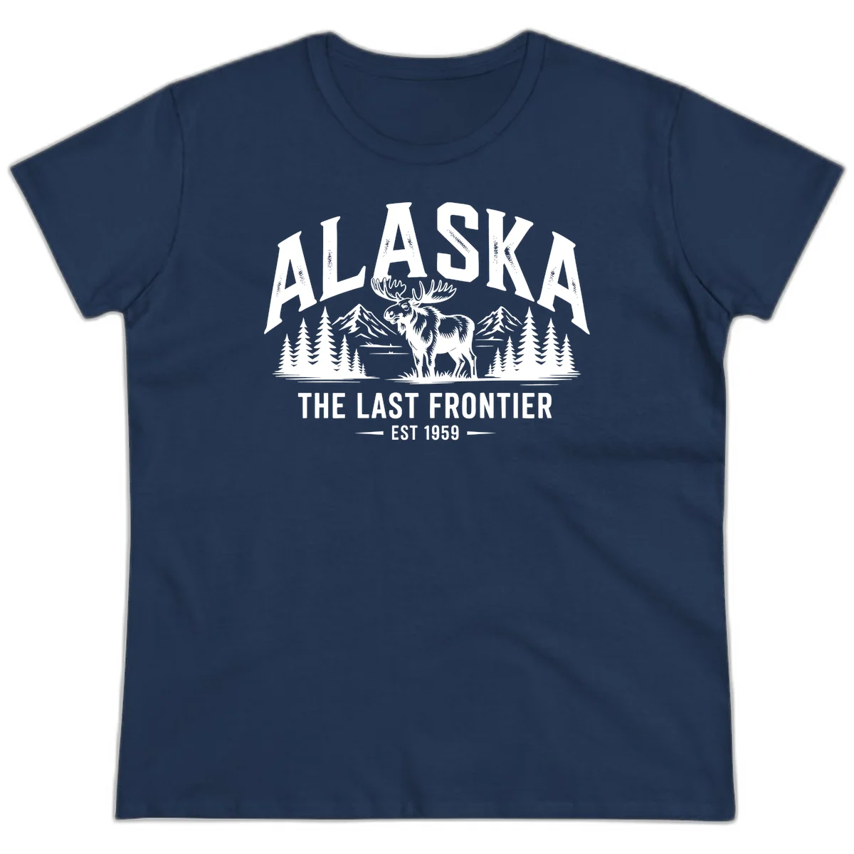 Alaska Last Frontier Moose Scenic Wildlife Ladies Tee in Navy