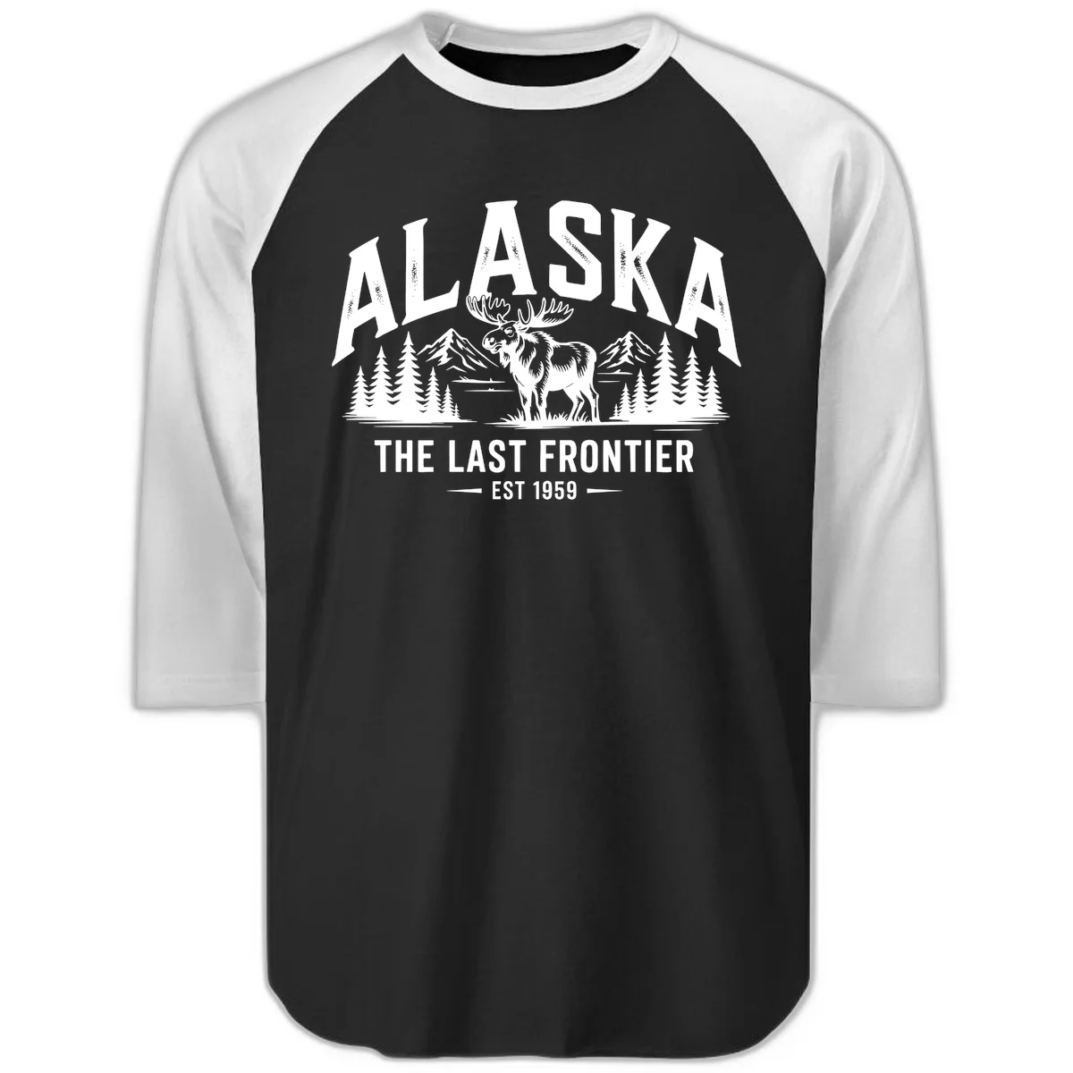 Alaska Last Frontier Moose Scenic Wildlife Raglan 3/4 in Black White