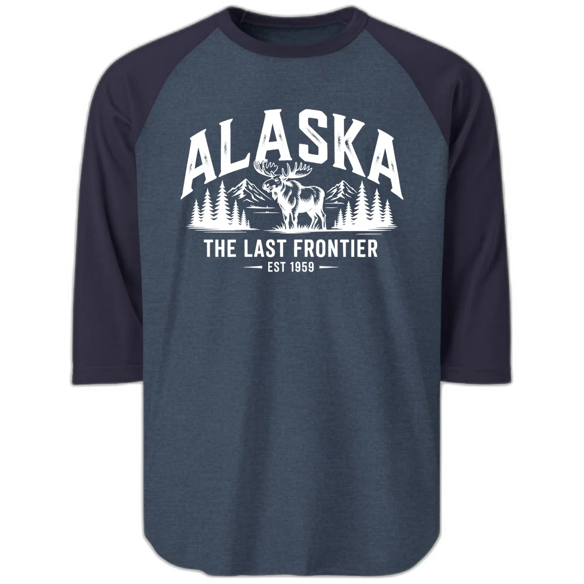 Alaska Last Frontier Moose Scenic Wildlife Raglan 3/4 in Heather Denim Navy