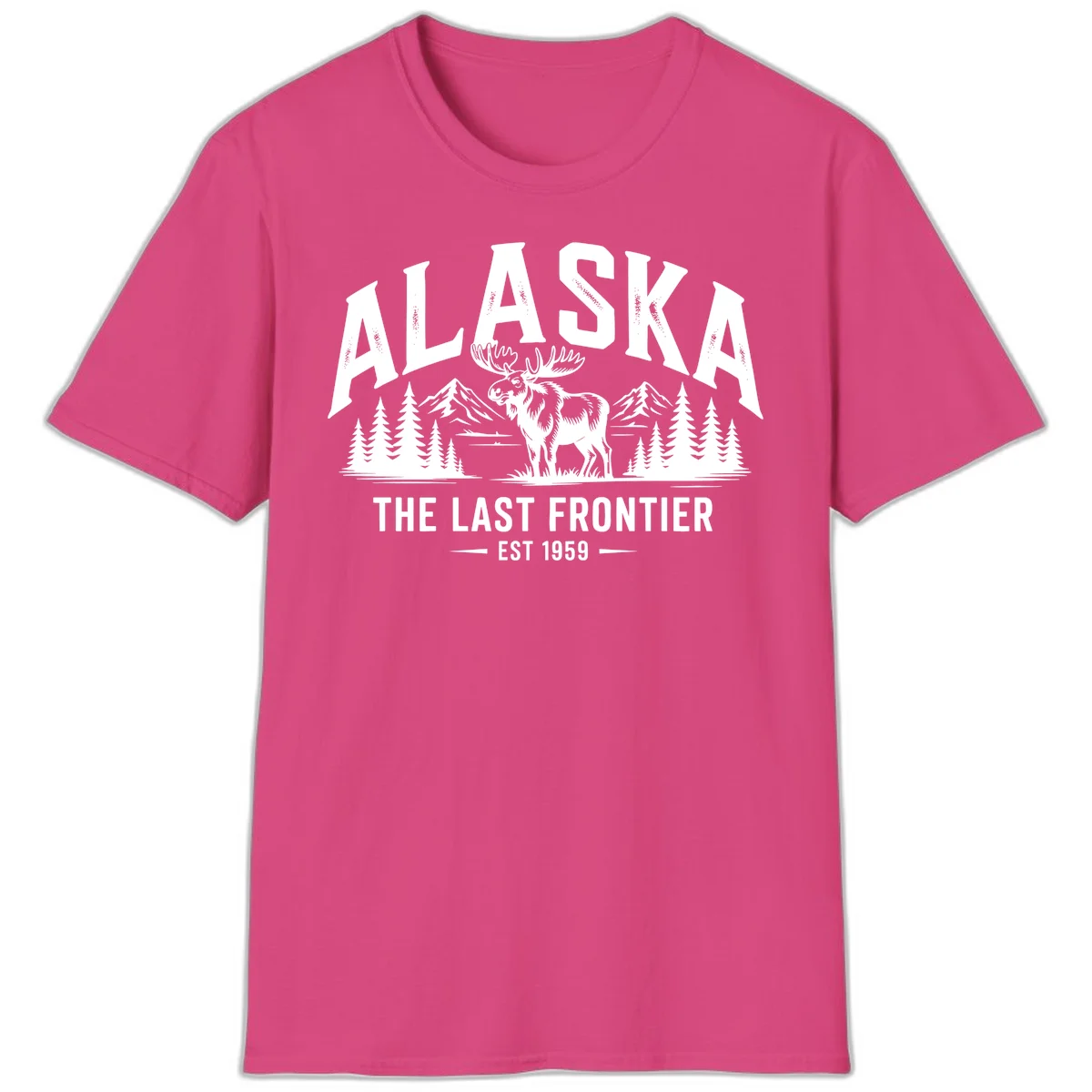 Alaska Last Frontier Moose Scenic Wildlife T-Shirt in Heliconia