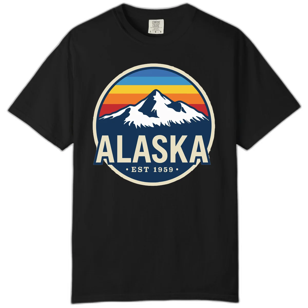 Alaska Mountain Range Retro Sunset Badge Comfort Color in Black