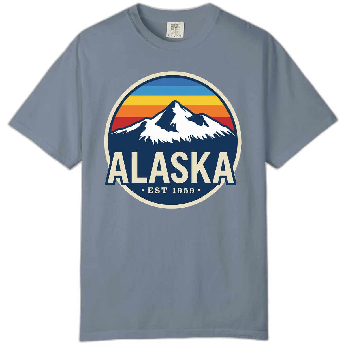 Alaska Mountain Range Retro Sunset Badge Comfort Color in Blue Jean