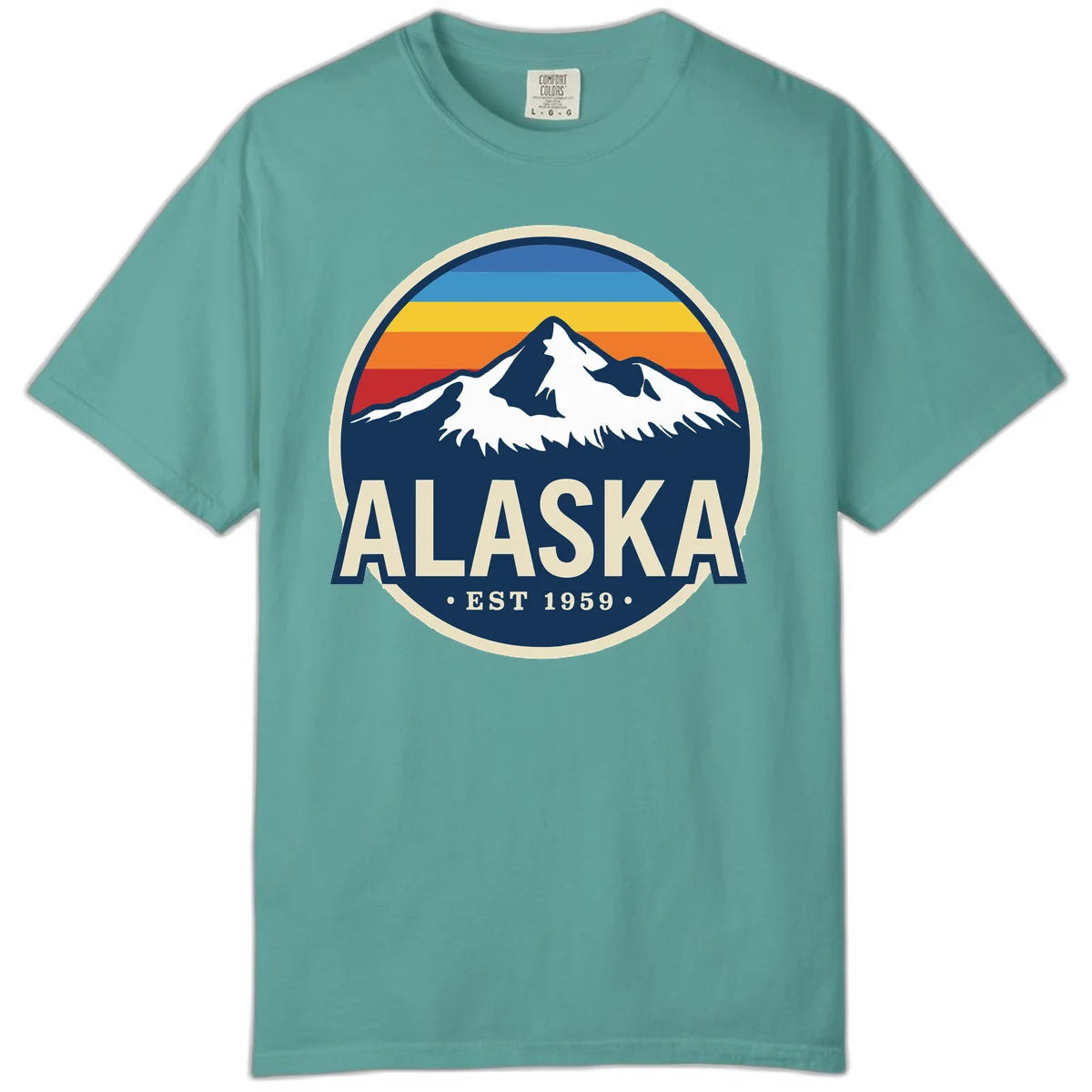 Alaska Mountain Range Retro Sunset Badge Comfort Color in Seafoam