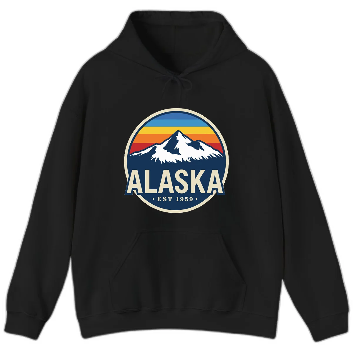 Alaska Mountain Range Retro Sunset Badge Hoodie in Black
