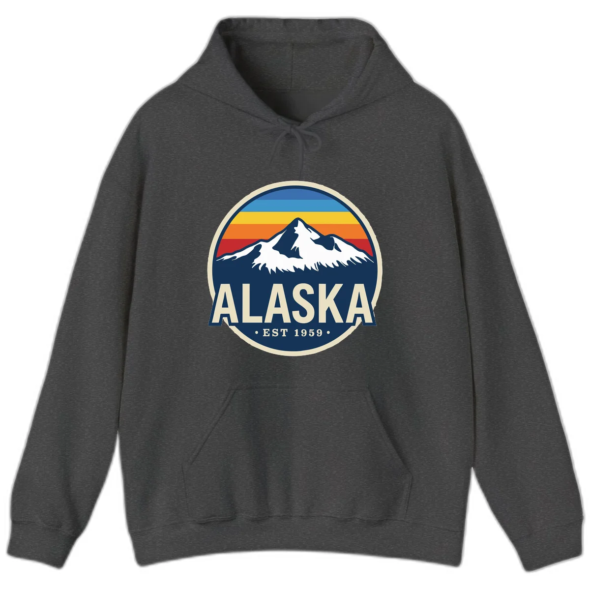 Alaska Mountain Range Retro Sunset Badge Hoodie in Dark Heather