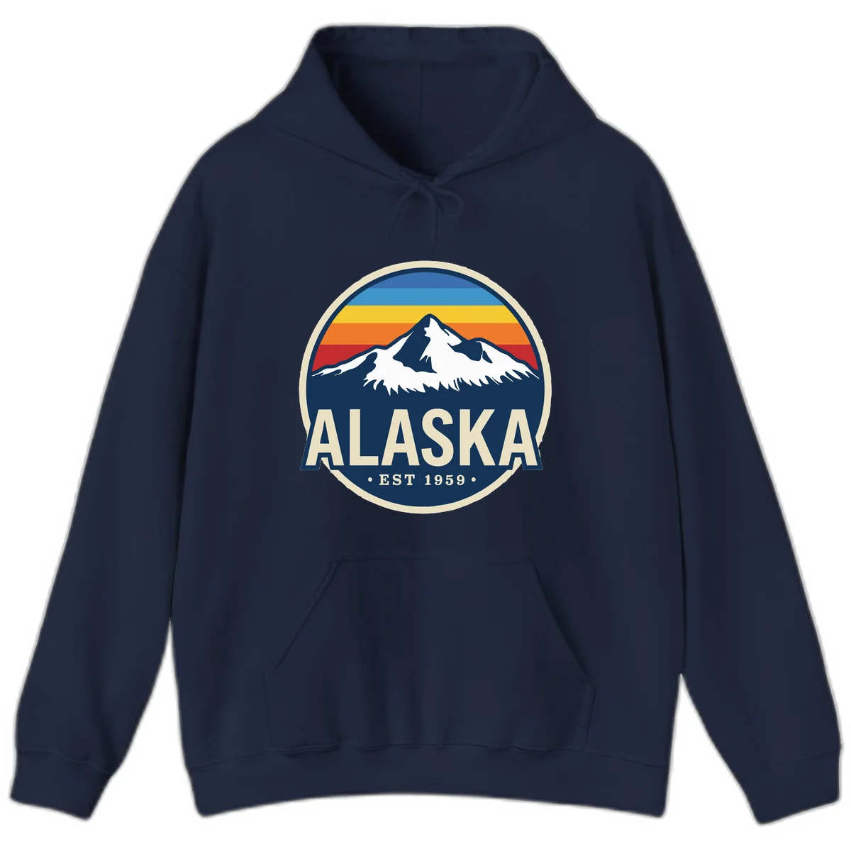 Alaska Mountain Range Retro Sunset Badge Hoodie in Navy