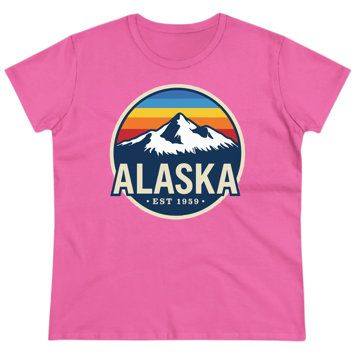 Alaska Mountain Range Retro Sunset Badge Ladies Tee in Azalea