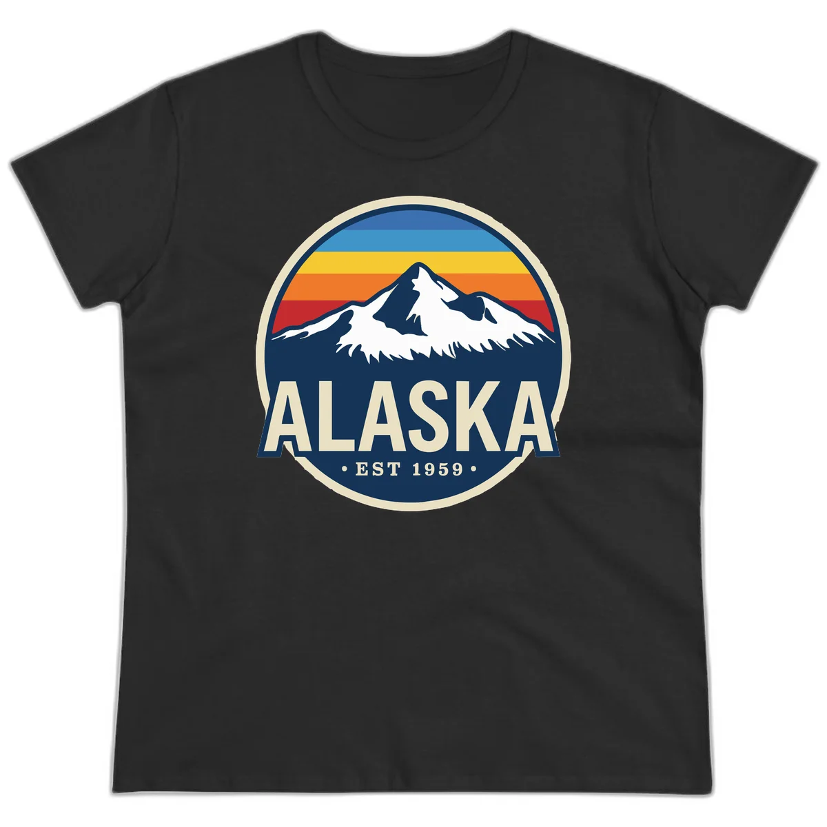 Alaska Mountain Range Retro Sunset Badge Ladies Tee in Black