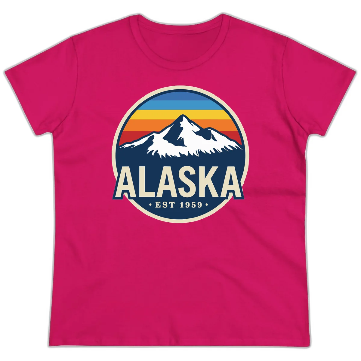 Alaska Mountain Range Retro Sunset Badge Ladies Tee in Heliconia