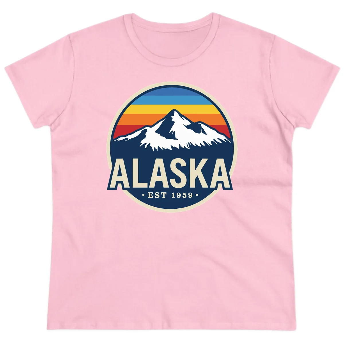 Alaska Mountain Range Retro Sunset Badge Ladies Tee in Light Pink