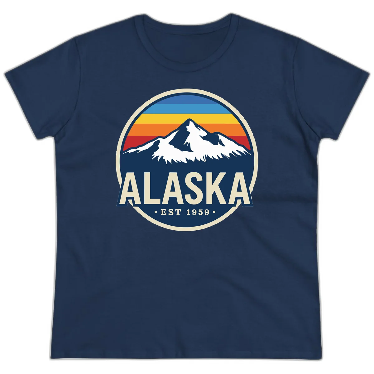 Alaska Mountain Range Retro Sunset Badge Ladies Tee in Navy