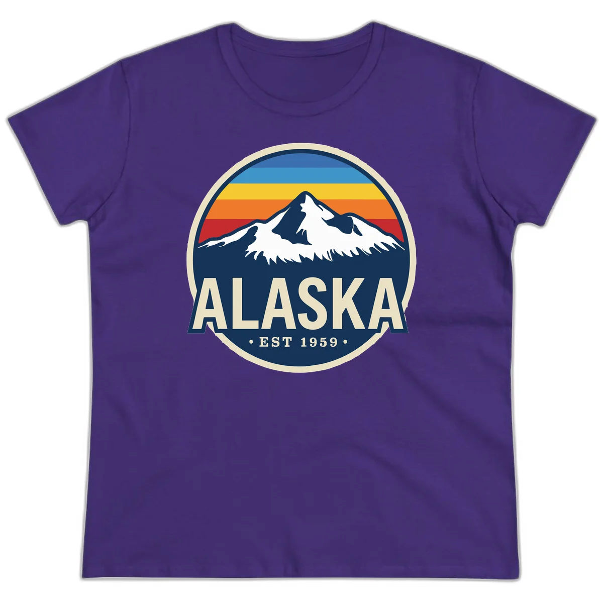 Alaska Mountain Range Retro Sunset Badge Ladies Tee in Purple