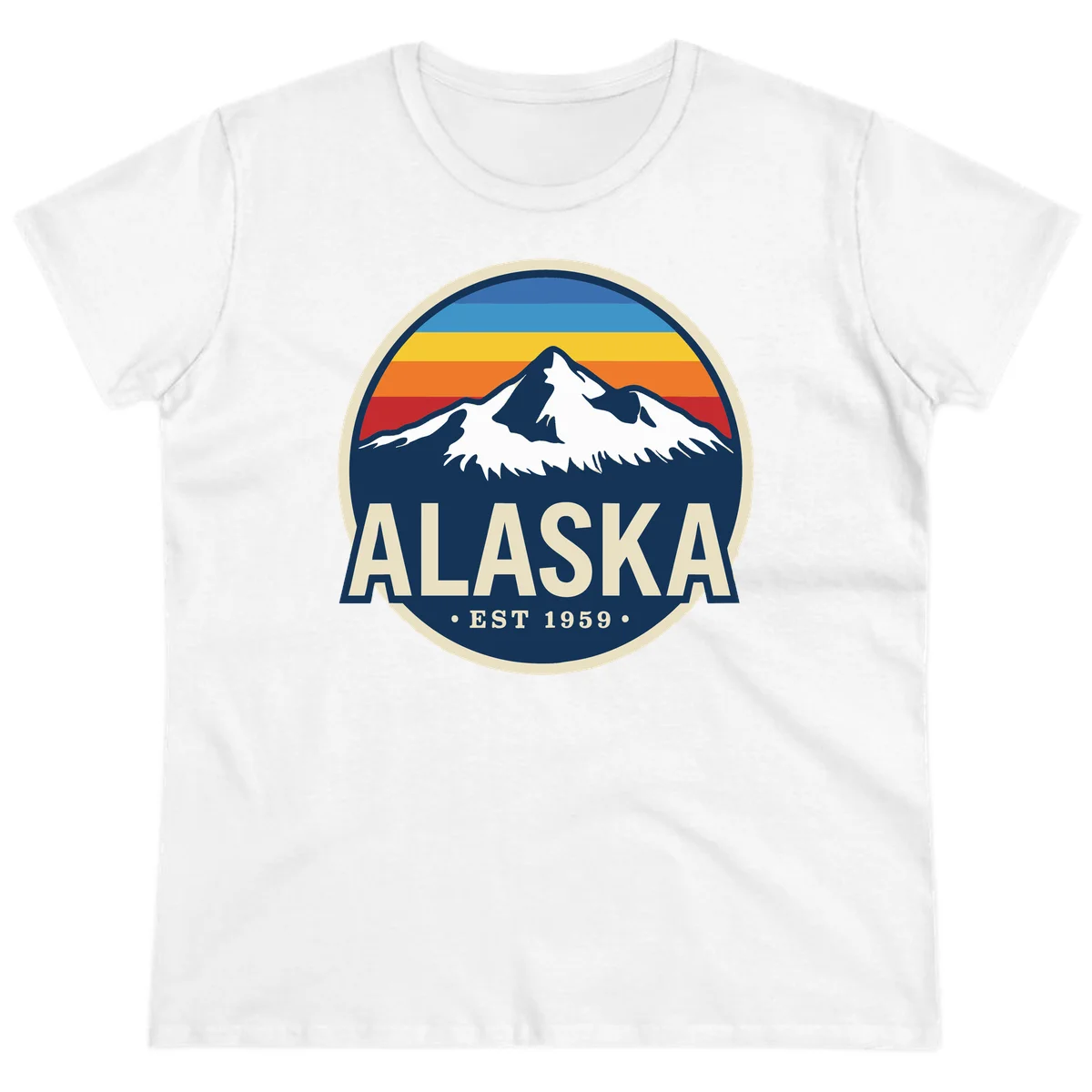 Alaska Mountain Range Retro Sunset Badge Ladies Tee in White