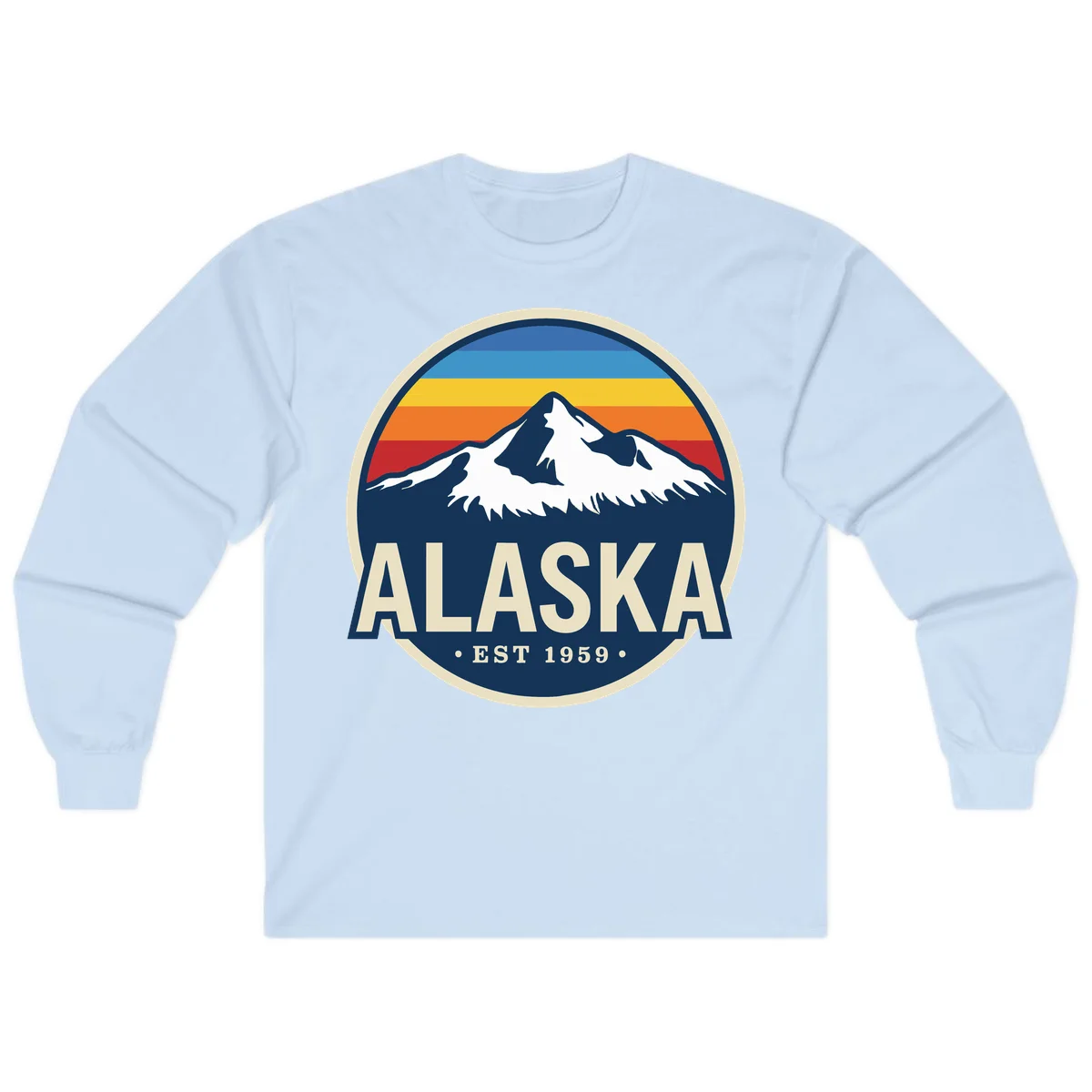 Alaska Mountain Range Retro Sunset Badge Long Sleeve in Light Blue