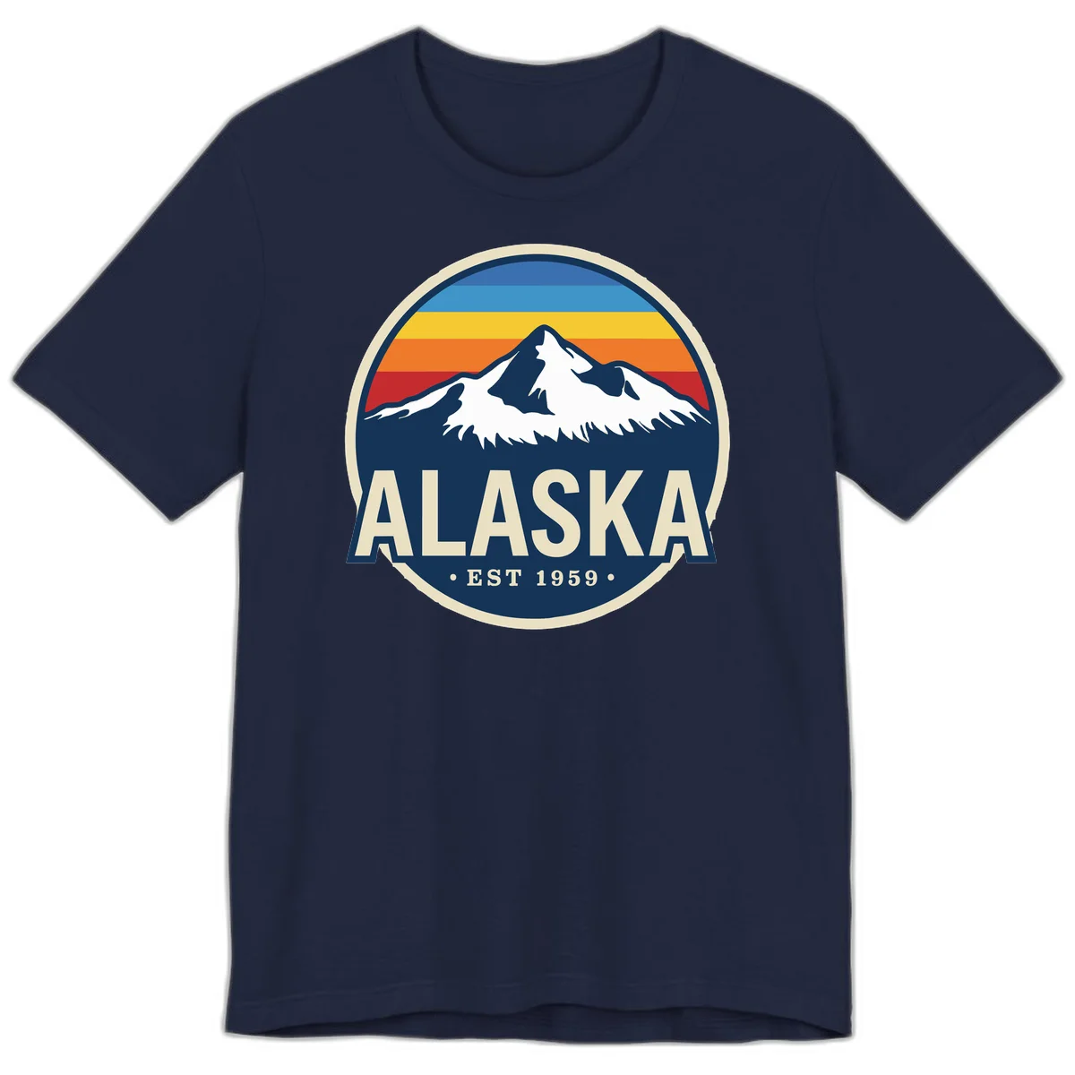 Alaska Mountain Range Retro Sunset Badge Premium T-Shirt in Navy